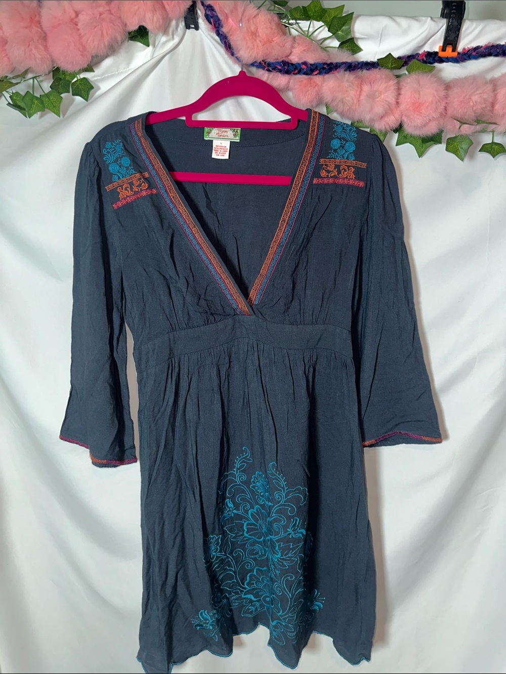 Flying Tomato Navy Blue Embroidered Midi Dress/tunic with Teal and Coral Accents